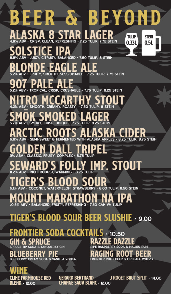 craft beer menu for 49th State Brewing's outdoor beer garden in downtown Anchorage