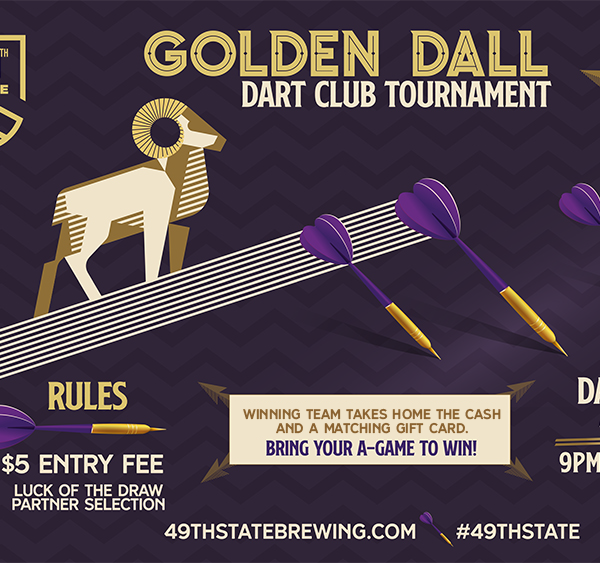 Purple and gold graphic advertising the Golden Dall Dart Club Tournaments and the parameters of the game