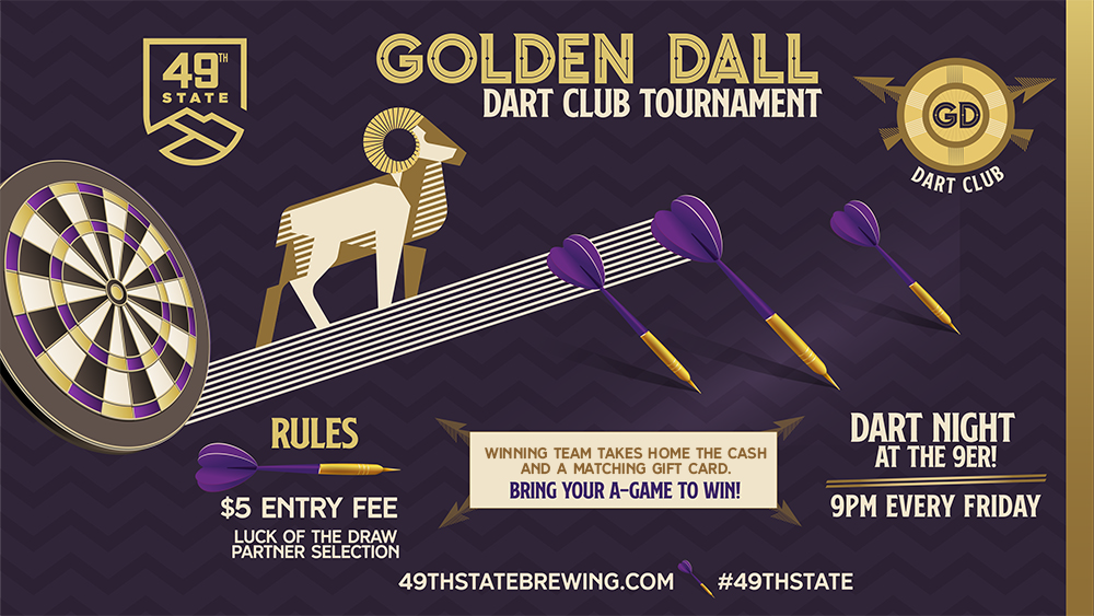 Purple and gold graphic advertising the Golden Dall Dart Club Tournaments and the parameters of the game