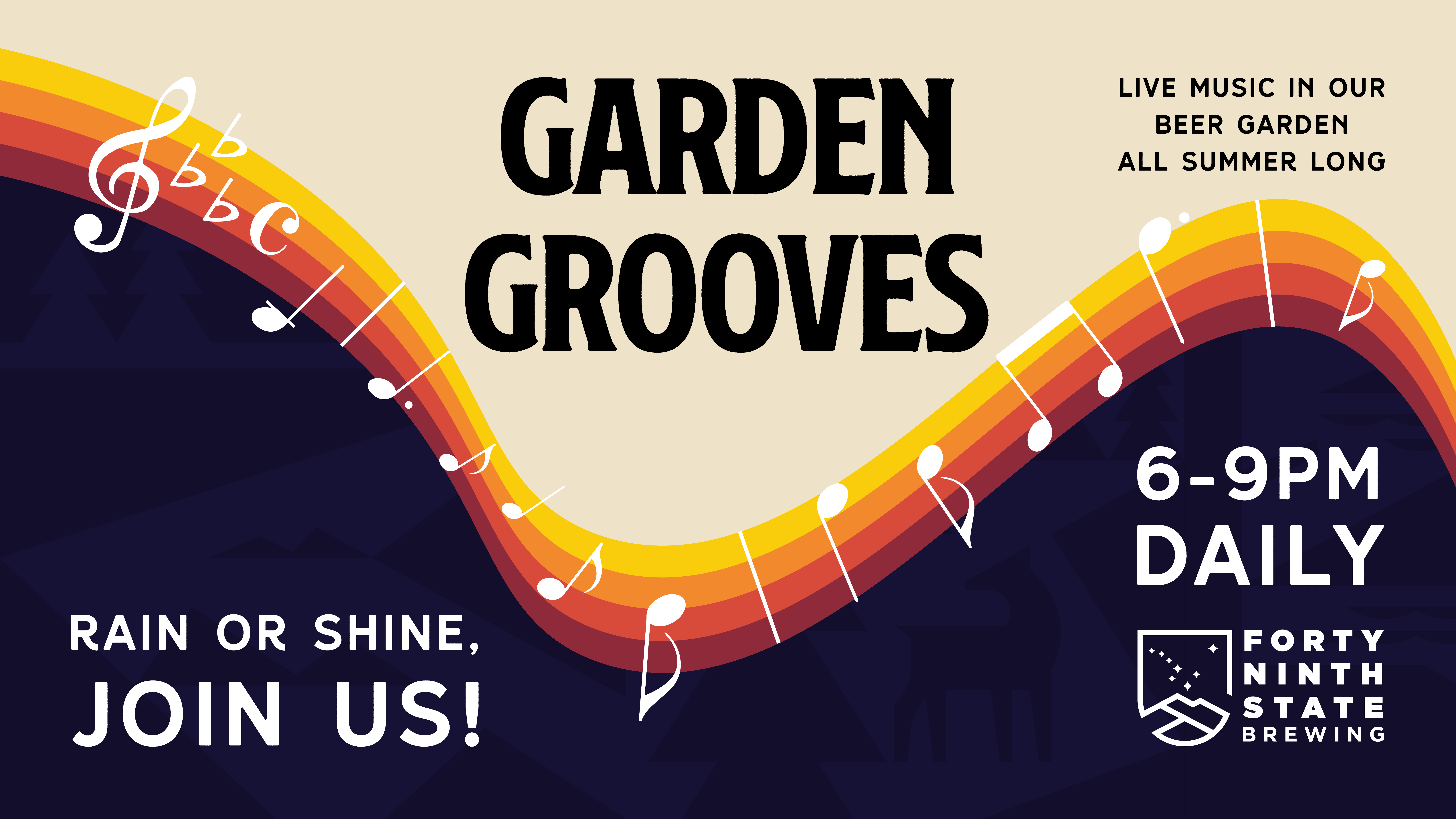 "Garden Grooves! Live music all summer long! Rain or shine, join us! 6-9pm daily" on a graphic of music notes flowing across the screen with a retro sunset flowing behind them