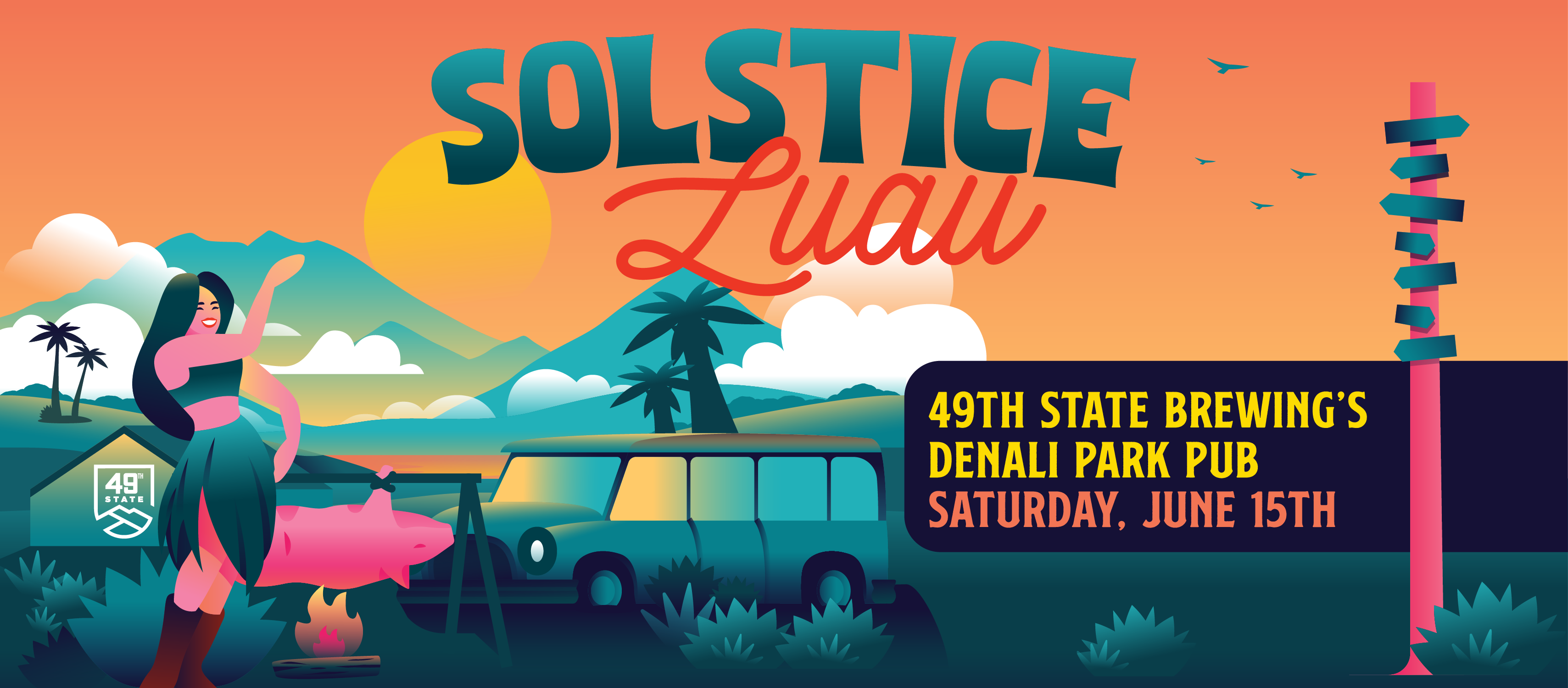 an illustrated graphic advertising the luau showing a tropical scene in denali with the magic bus, a roasting pig and a hula dancer